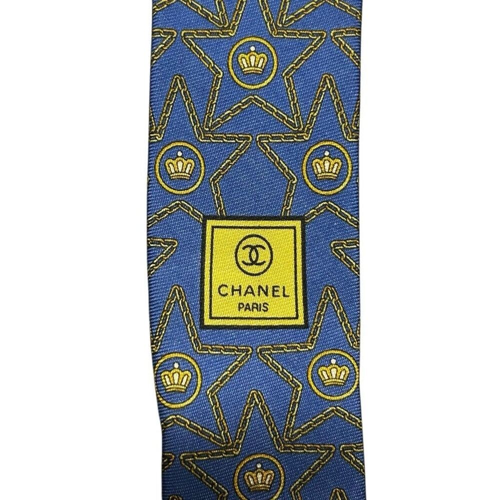 CHANEL Mens Navy Blue Silk Designer Neck Tie Adjustable Star Pattern Logo - Picture 11 of 13